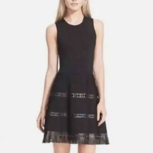 Parker serene leather fringe trim sleeveless fit flare skater dress black